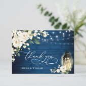 White Roses Blue Wood Lantern Boho Wedding Bedankkaart (Staand voorkant)