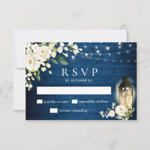 White Roses Blue Wood Lantern Wedding RSVP Kaartje