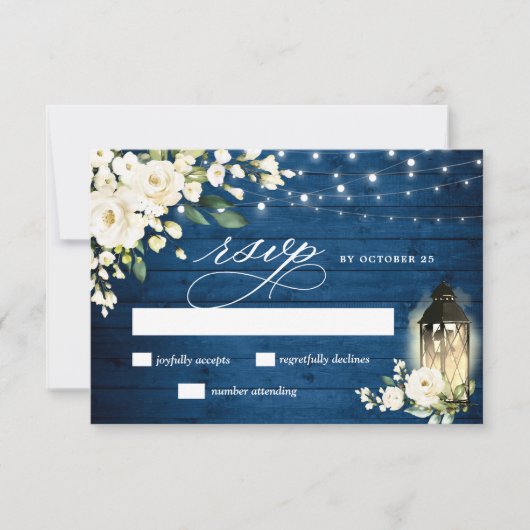 White Roses Blue Wood Lantern Wedding RSVP Kaartje (Voorkant)