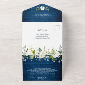 White Roses Blue Wood Wedding QR code All In One Uitnodiging (Buitenkant)