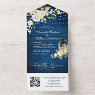 White Roses Blue Wood Wedding QR code All In One Uitnodiging