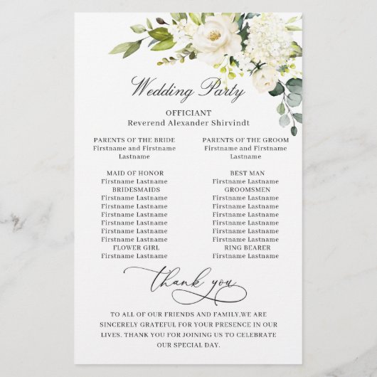 White Roses Eucalyptus Wedding Ceremony Programme (Achterkant)