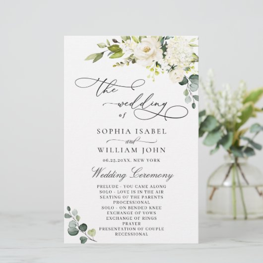 White Roses Eucalyptus Wedding Ceremony Programme (Staand voorkant)