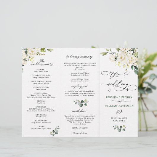 White Roses Eucalyptus Wedding Ceremony Programme (Staand voorkant)