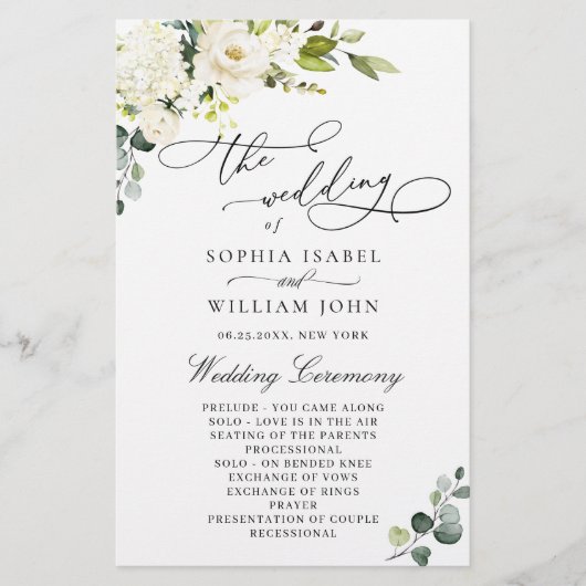 White Roses Eucalyptus Wedding Ceremony Programme (Voorkant)