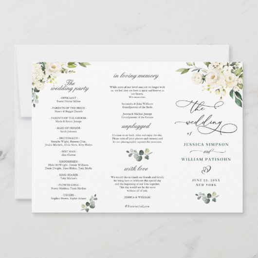 White Roses Eucalyptus Wedding Ceremony Programme Kaart (Voorkant)