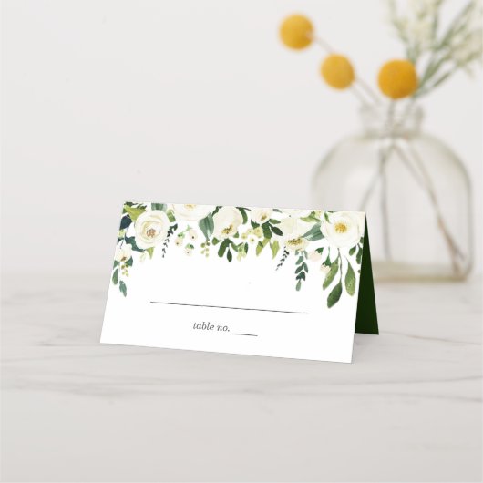 White Roses Floral Greenery Wedding Place Card (Voorkant)