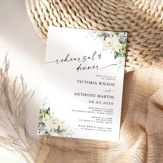 White Roses Floral Rehearings Dinner Invitation Kaart