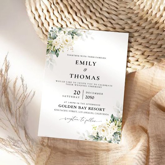 White Roses Floral Wedding Invitation Kaart