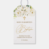 White Roses Foliage Cross Baptisme Cadeaulabel (Voorkant)