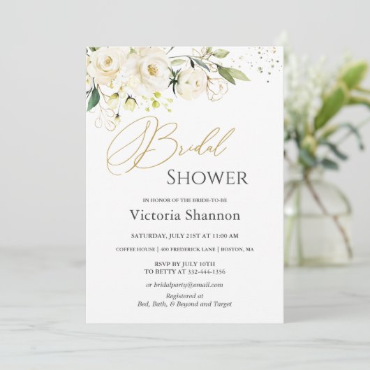 White Roses Foliage Nuptiale Douche Invitation (Debout devant)