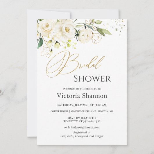 White Roses Foliage Nuptiale Douche Invitation (Devant)