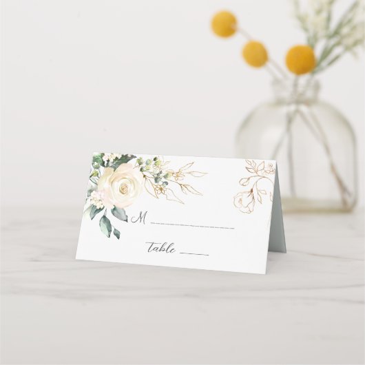 White Roses Foliage Wedding Folded Place Card (Voorkant)