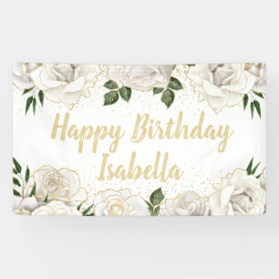 White Roses Gold Glitter Happy Birthday Name Spandoek