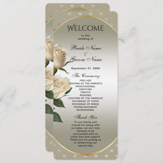 White Roses Gold Hearts huwelijksprogramma Programma (Voorkant / Achterkant)