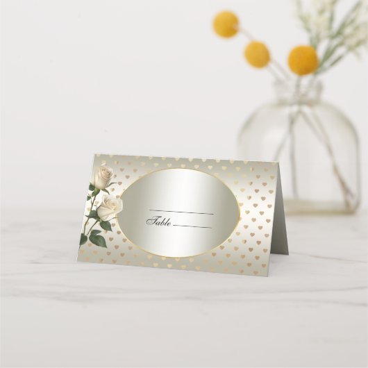White Roses Gold Hearts Place Card (Voorkant)