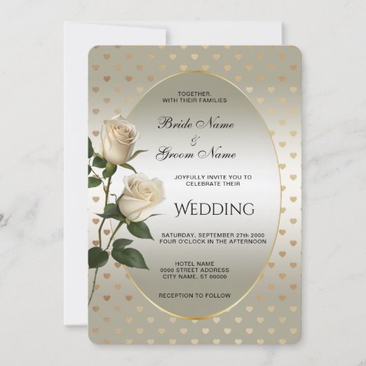 White Roses Gold Hearts Uitnodiging voor een bruil (Voorkant)