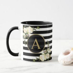 WHITE ROSES Gold Monogram Black White Striped Mok