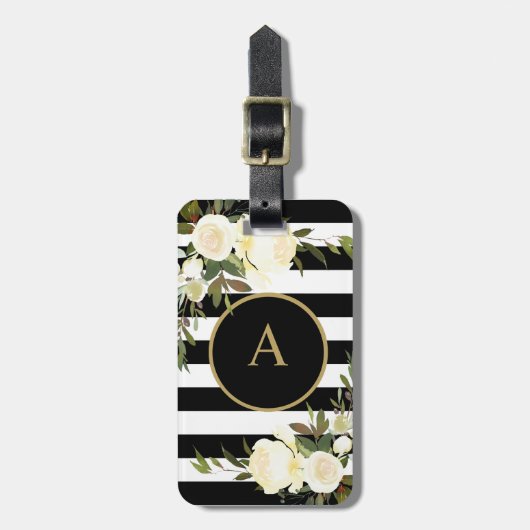 WHITE ROSES Gold Monogram Zwart Wit Gestreept Bagagelabel (Voorkant verticaal)