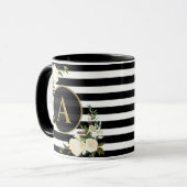 WHITE ROSES Gold Monogram Zwart Wit Gestreept Mok (Voorkant links)