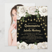 White Roses Gold String Light Quinceañera Kaart (Voorkant / Achterkant)