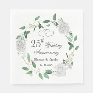 White Roses Greenery 25th Wedding Jubileum Servet
