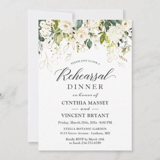 White Roses Greenery Floral Rehearsal Dinner Kaart (Voorkant)