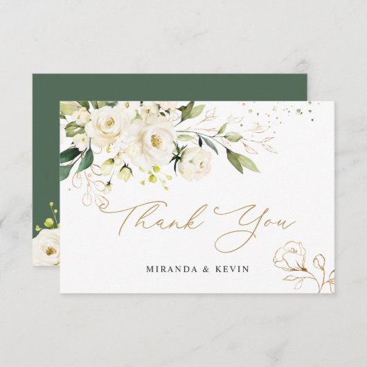 White Roses Greenery Foliage Weddenschap Bedankt (Voorkant / Achterkant)