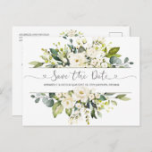 White Roses Greenery Save the Date Briefkaart (Voorkant / Achterkant)