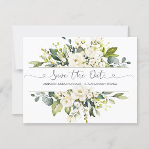 White Roses Greenery Save the Date Briefkaart