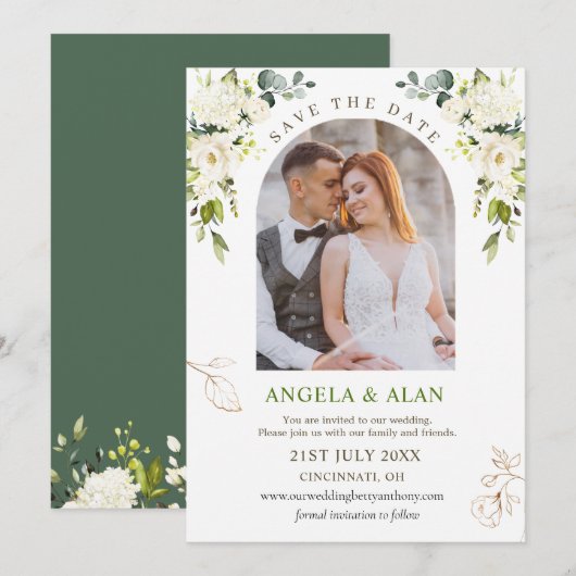 White Roses Greenery Wedding Save the Date Kaart (Voorkant / Achterkant)