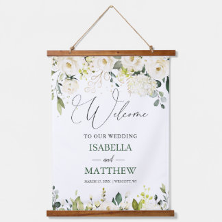 White Roses Greenery Wedding Welcome Sign Tapestry Hangend Wandkleed