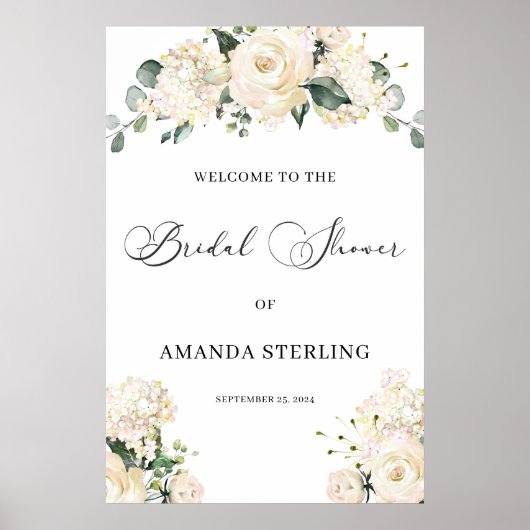 White Roses hydrangeas greenery welkomstbord Poster (Voorkant)
