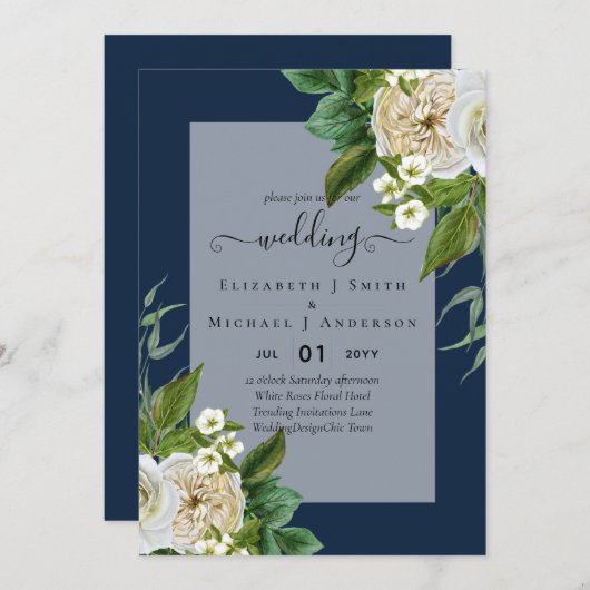 WHITE ROSES Invitations WEDDING CHIC Kaart (Voorkant / Achterkant)