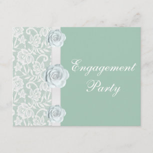 White Roses & Lace Mint Green Engagement Party Kaart