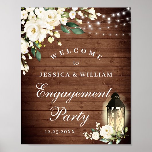 White Roses Lantern Rustic Wood Engagement Party Poster (Voorkant)