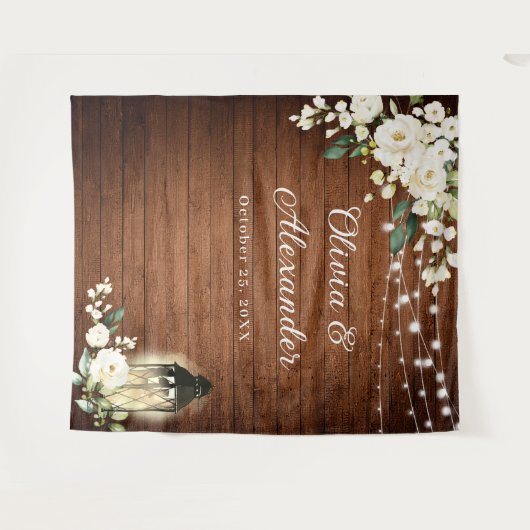 White Roses Lantern Rustic Wood Weddenschap Backdr Wandkleed (Voorkant (horizontaal))