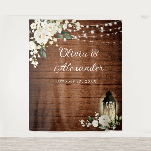 White Roses Lantern Rustic Wood Weddenschap Backdr Wandkleed (Voorkant)