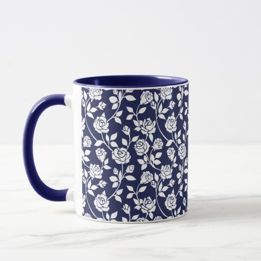 White Roses Leaves Navy Blue Background Pattern Mok (Links)