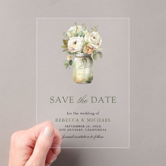 White Roses Mason Jar Wedding Save the Date Acryl Uitnodigingen (Insitu (Draagbaar))