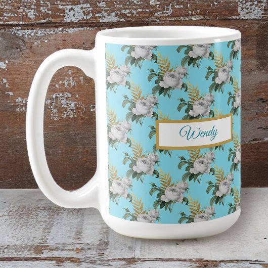  White Roses Pattern op Aqua Monogram Koffiemok