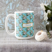  White Roses Pattern op Aqua Monogram Koffiemok
