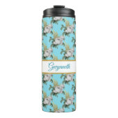  White Roses Pattern op Aqua Monogram Thermosbeker (Voorkant)