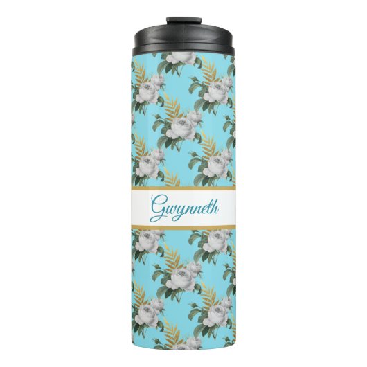  White Roses Pattern op Aqua Monogram Thermosbeker (Voorkant)