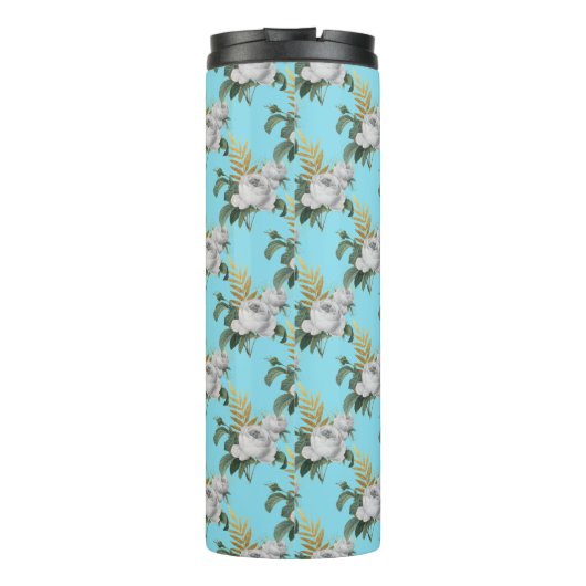  White Roses Pattern op Aqua Monogram Thermosbeker (Achterkant)