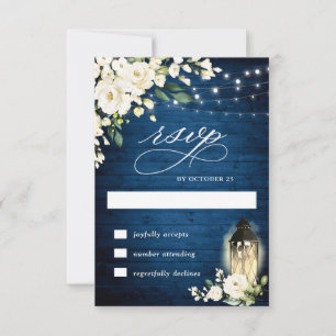 White Roses Rustic Blue Wood Lantern RSVP Card Kaartje