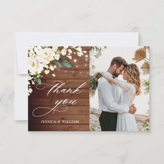 White Roses Rustic Wood Lantern Foto Bedankkaart (Voorkant)