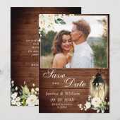 White Roses Rustic Wood Lantern Foto Weddenschap Save The Date (Voorkant / Achterkant)