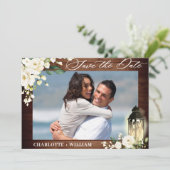 White Roses Rustic Wood Lantern Waterverf Wedding Save The Date (Staand voorkant)