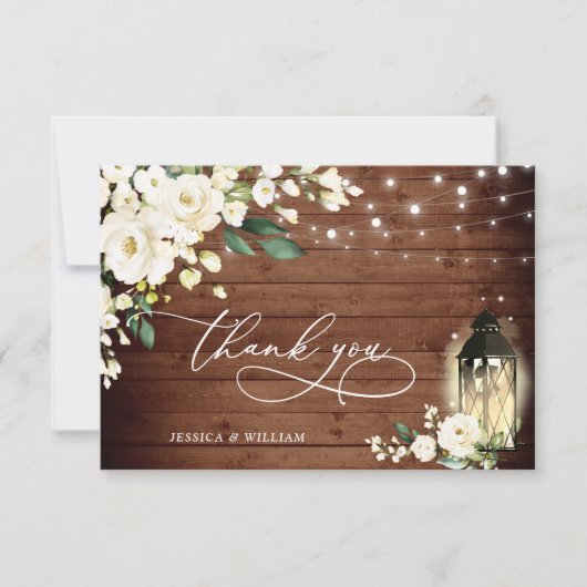 White Roses Rustic Wood Lantern Wedding Bedankkaart (Voorkant)